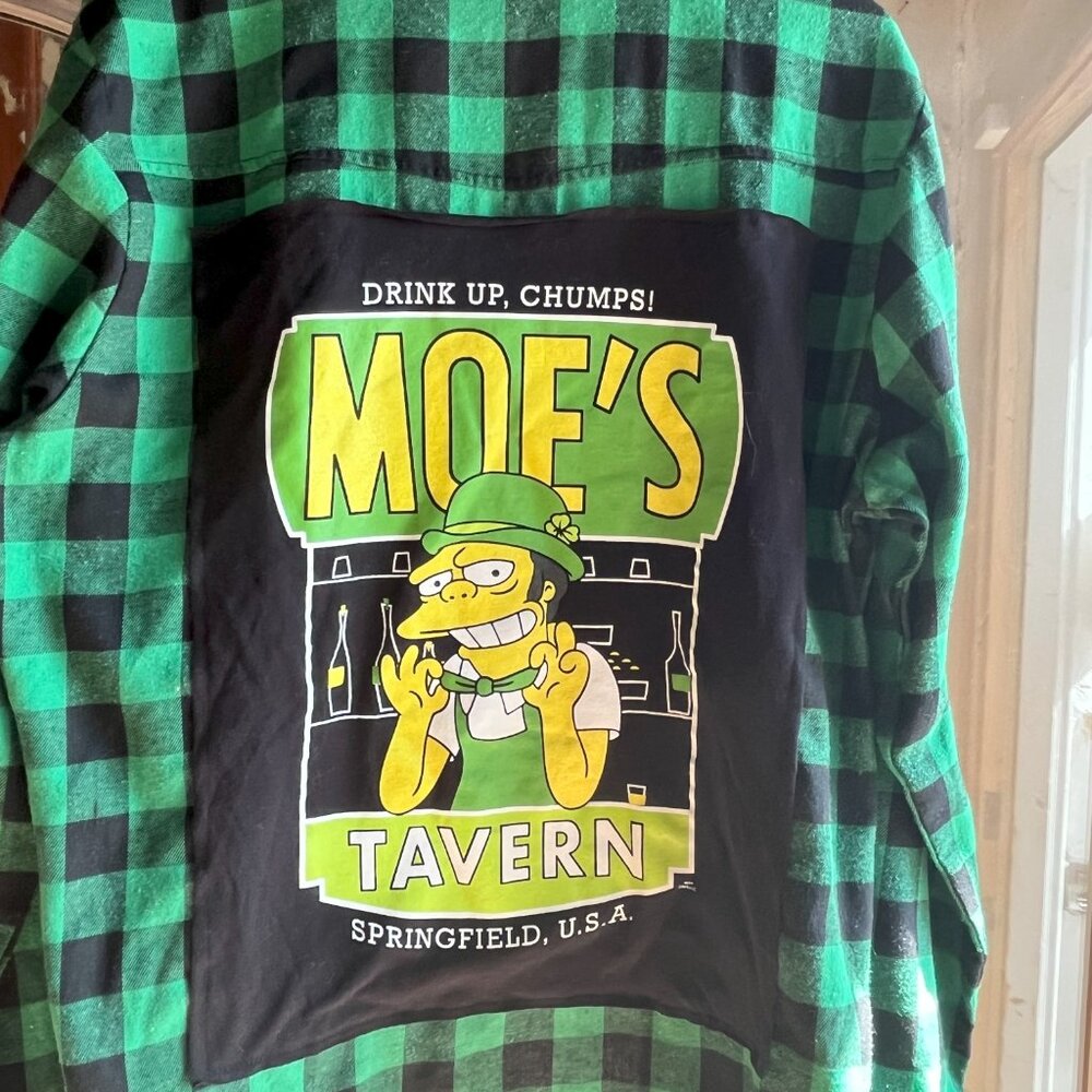 Simpsons Moes Tavern Flannel Shirt upcycled one of a kind unisex Large